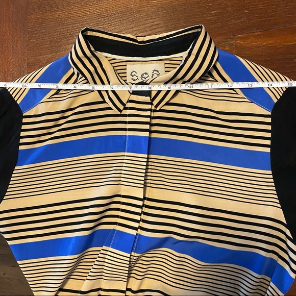 Sea NY Blue, Tan, Black Striped Silk Button Up Long Sleeve Top Shirt Blouse - Picture 7 of 10